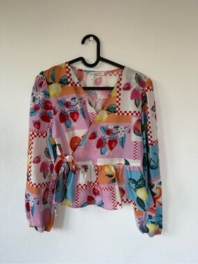 Pink Fruit-Print Wrap Blouse with Tie Waist - Unbranded